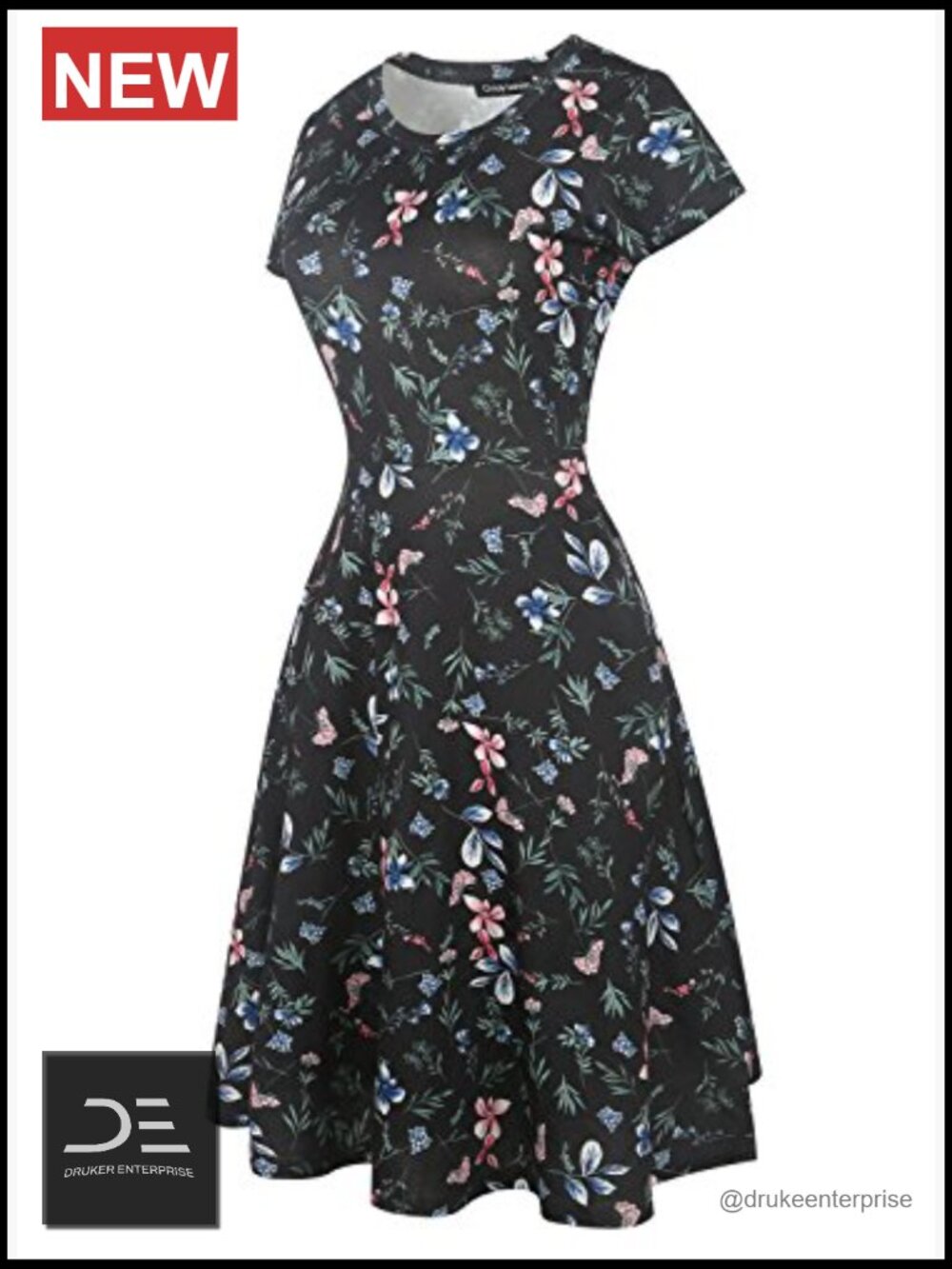 Vintage Floral A-Line Swing Dress with Pockets Knee Length Short Sleeve - Picture 5 of 7